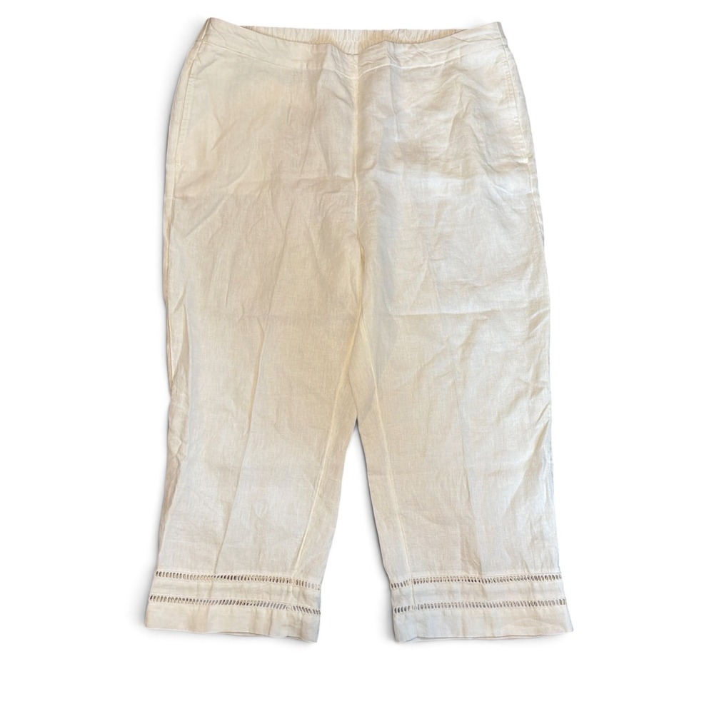 CHICOS (2) 100% Linen WHITE Wide Leg Cropped Pants Embroidered Hem Size US 18
